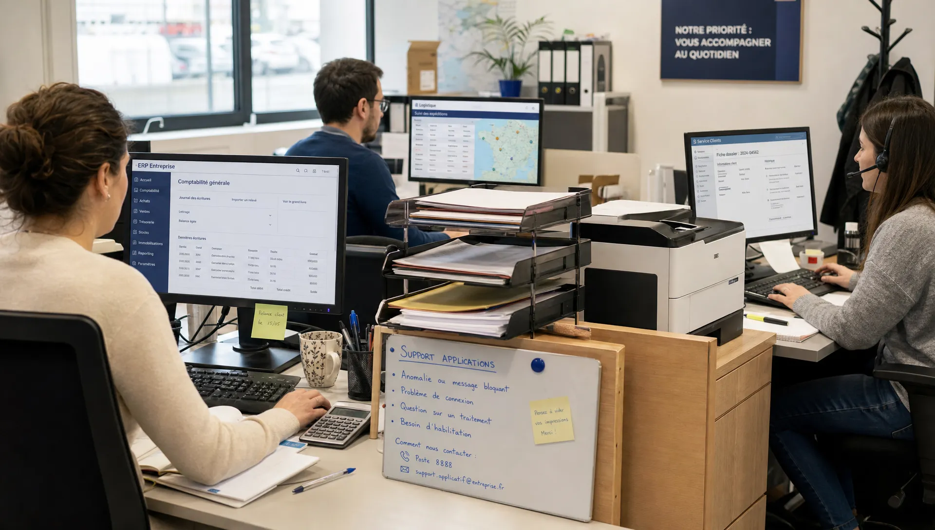 Dans un back-office, plusieurs salariés utilisent des logiciels métier avec un support applicatif présent au quotidien.