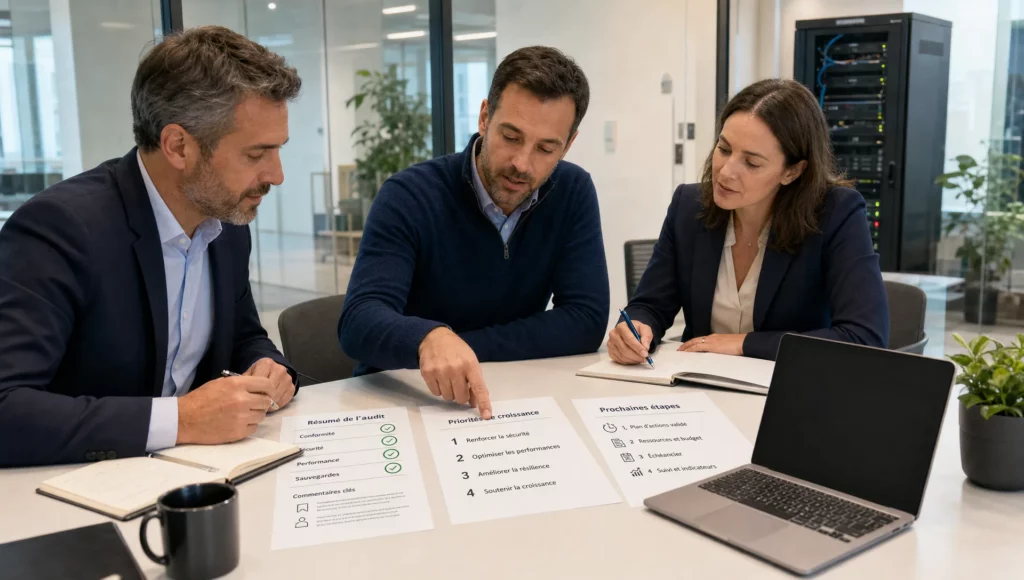 Dans une salle de réunion, trois décideurs examinent un audit informatique avant de lancer un projet de croissance.
