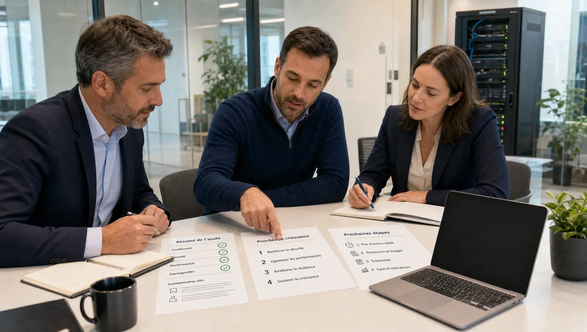 Dans une salle de réunion, trois décideurs examinent un audit informatique avant de lancer un projet de croissance.