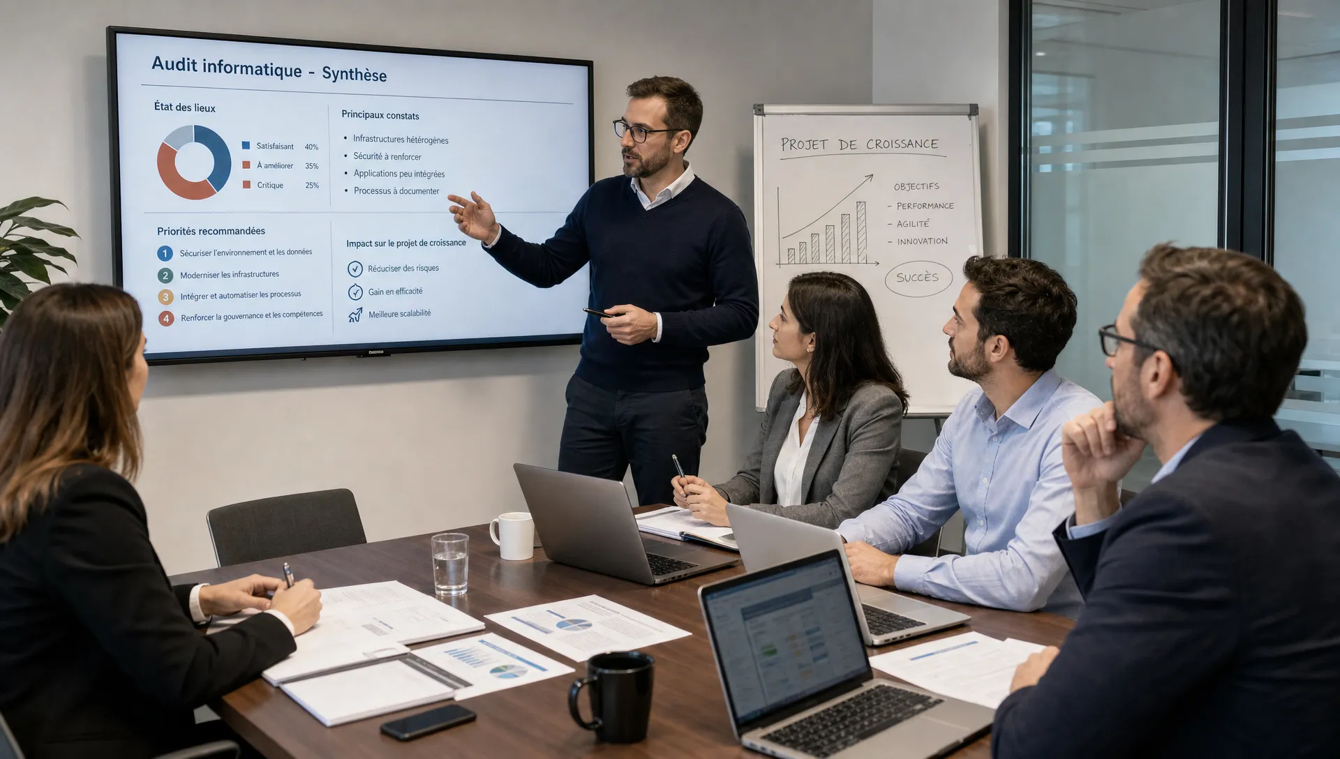 Dans une salle de réunion, une équipe examine un audit informatique et ses priorités avant un projet de croissance.