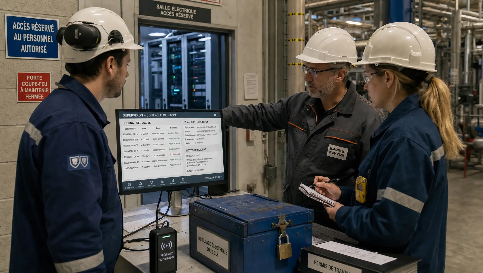 Deux techniciens et un responsable de production examinent un poste de supervision et des accès de maintenance dans une usine connectée.