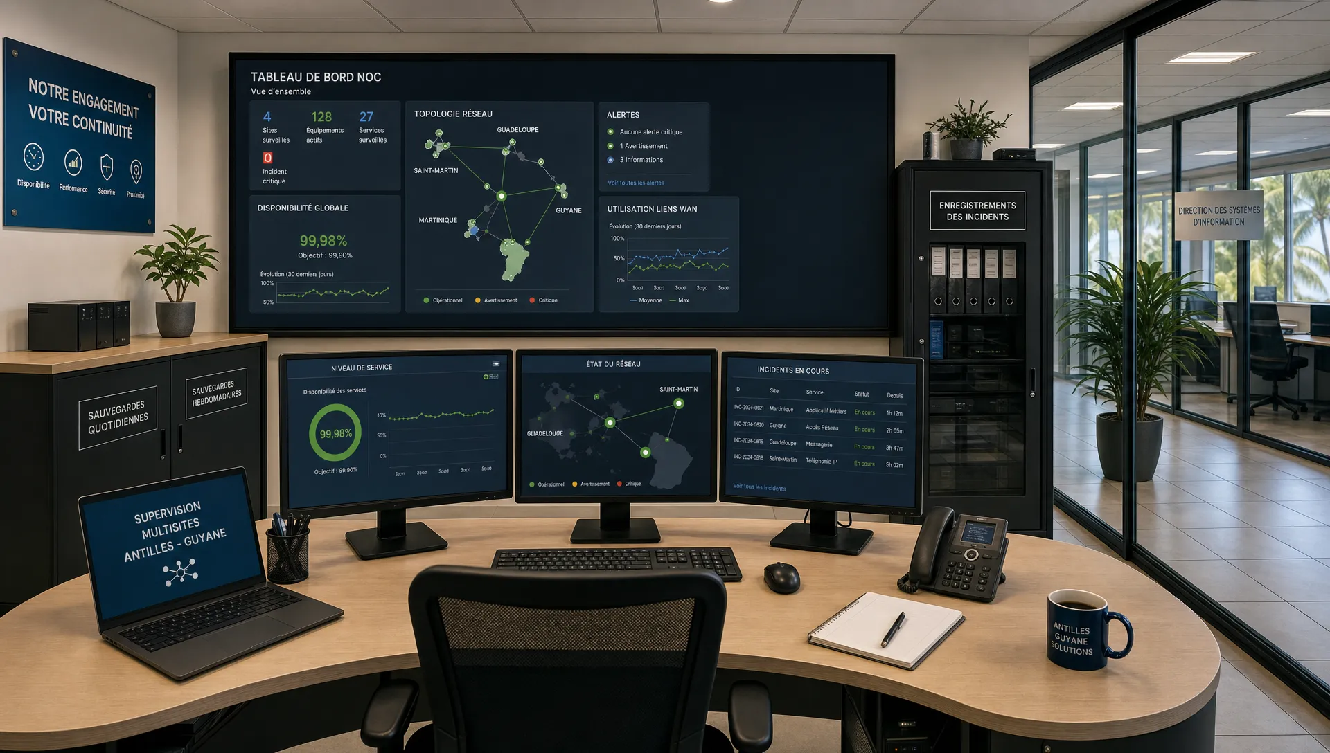 Salle d’exploitation informatique avec écrans de supervision, armoires de sauvegarde et dossiers d’incidents pour piloter un système d’information multisite.