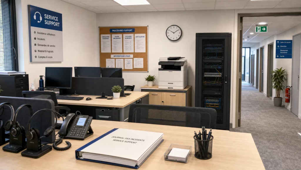 Un espace helpdesk d’entreprise montre les postes de support, l’imprimante et le cabinet réseau où l’infogérance bureautique s’organise au quotidien.