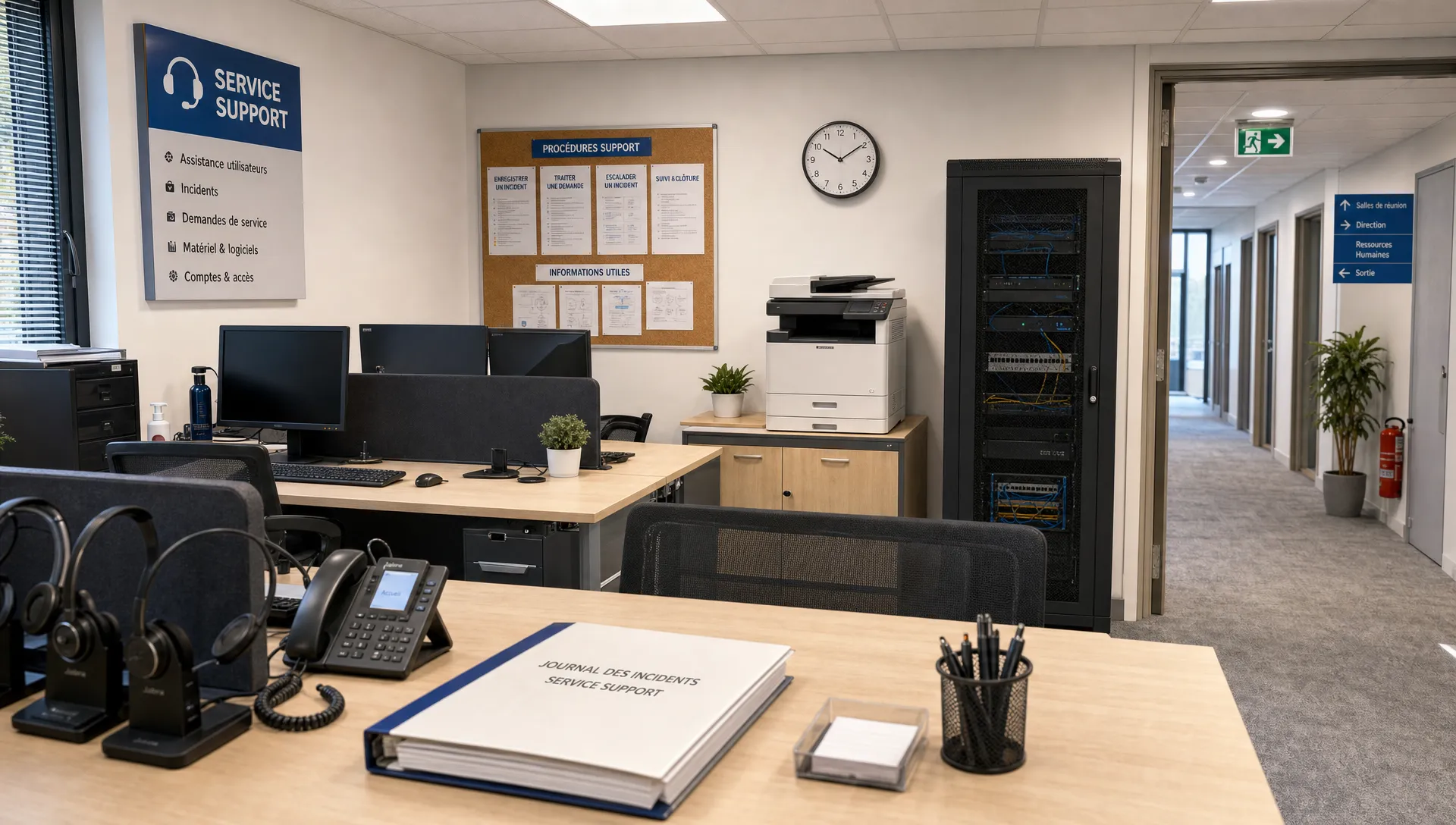 Un espace helpdesk d’entreprise montre les postes de support, l’imprimante et le cabinet réseau où l’infogérance bureautique s’organise au quotidien.
