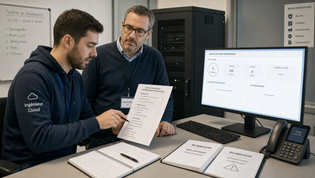 Un ingénieur cloud et un responsable IT vérifient une checklist de maintenance devant un poste d’exploitation pour des applications critiques.