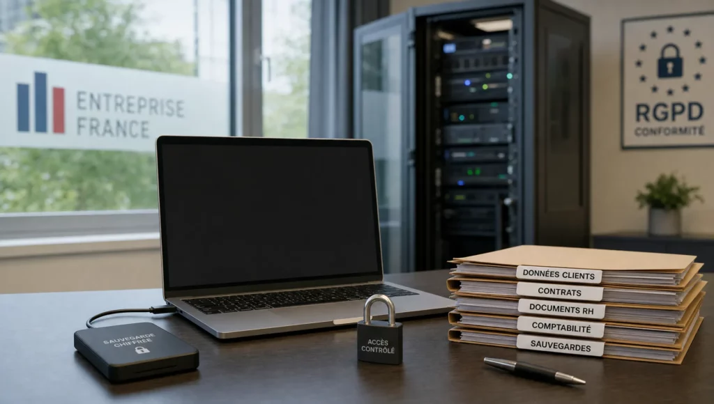 Un ordinateur portable, une sauvegarde externe et des dossiers étiquetés illustrent la maîtrise des données dans un contexte cloud RGPD.