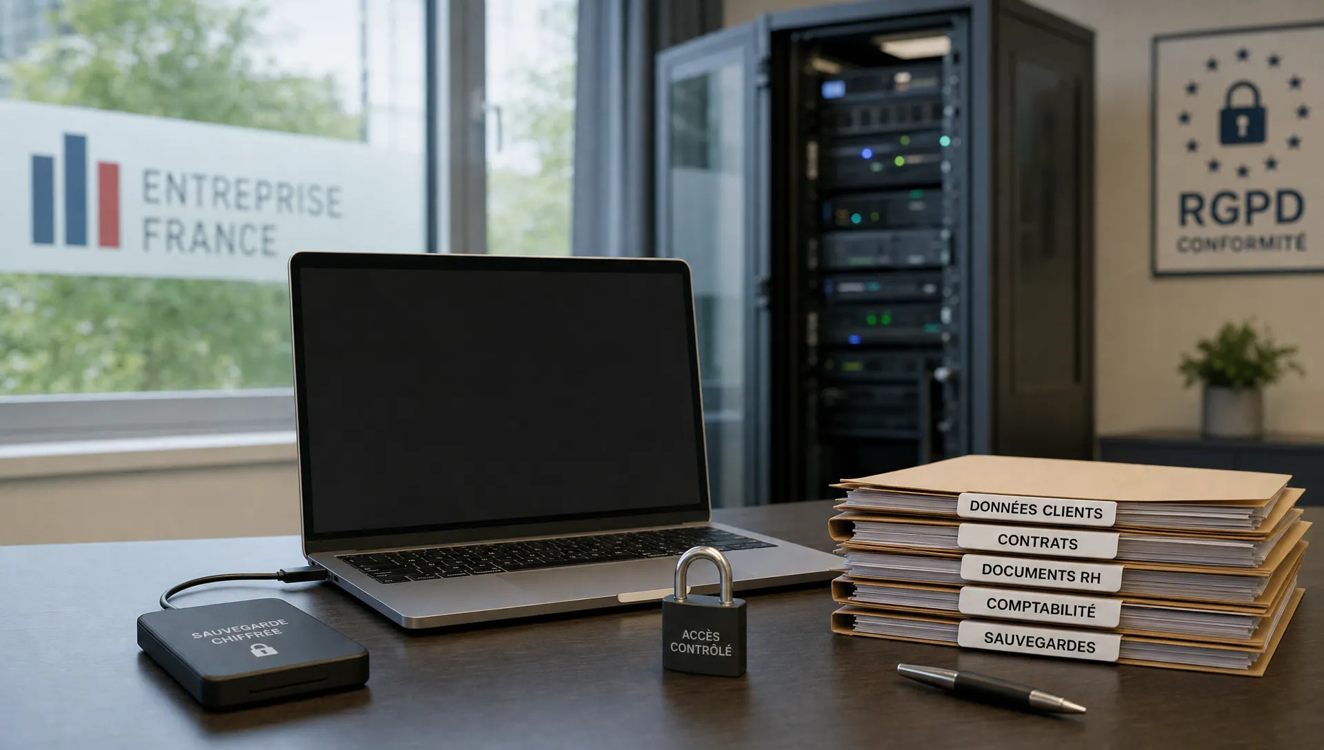 Un ordinateur portable, une sauvegarde externe et des dossiers étiquetés illustrent la maîtrise des données dans un contexte cloud RGPD.
