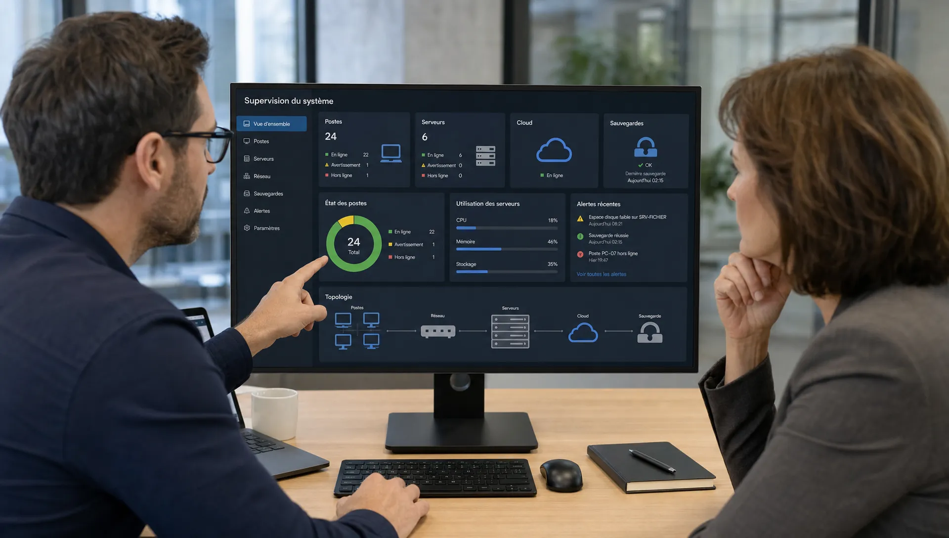 Un responsable informatique et une dirigeante de PME examinent un écran de supervision avec les postes, les serveurs, le cloud et la sauvegarde.
