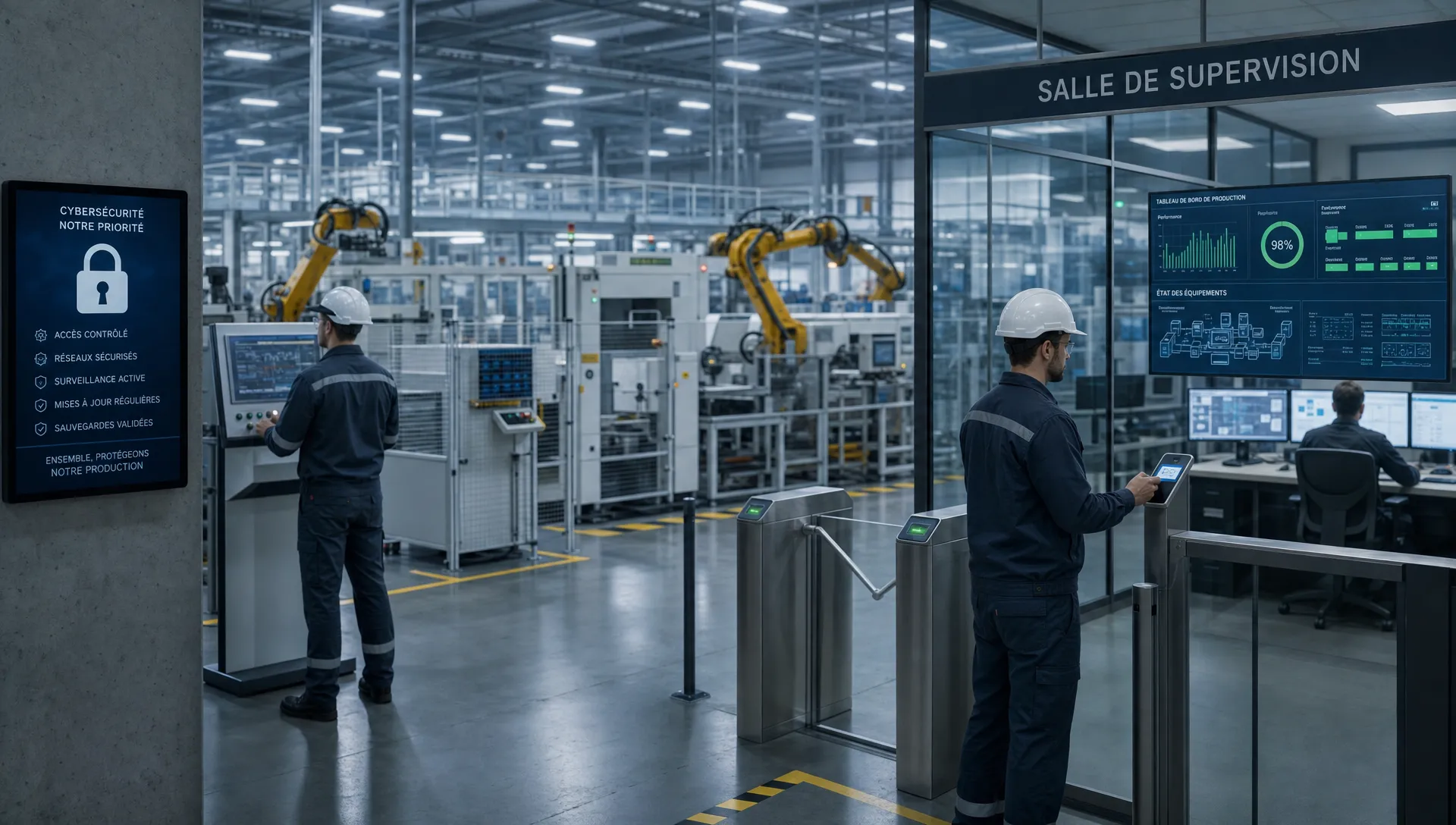 Un site de production connecté avec machines industrielles, salle de supervision et accès de maintenance contrôlé illustre la cybersécurité Industrie 4.0.