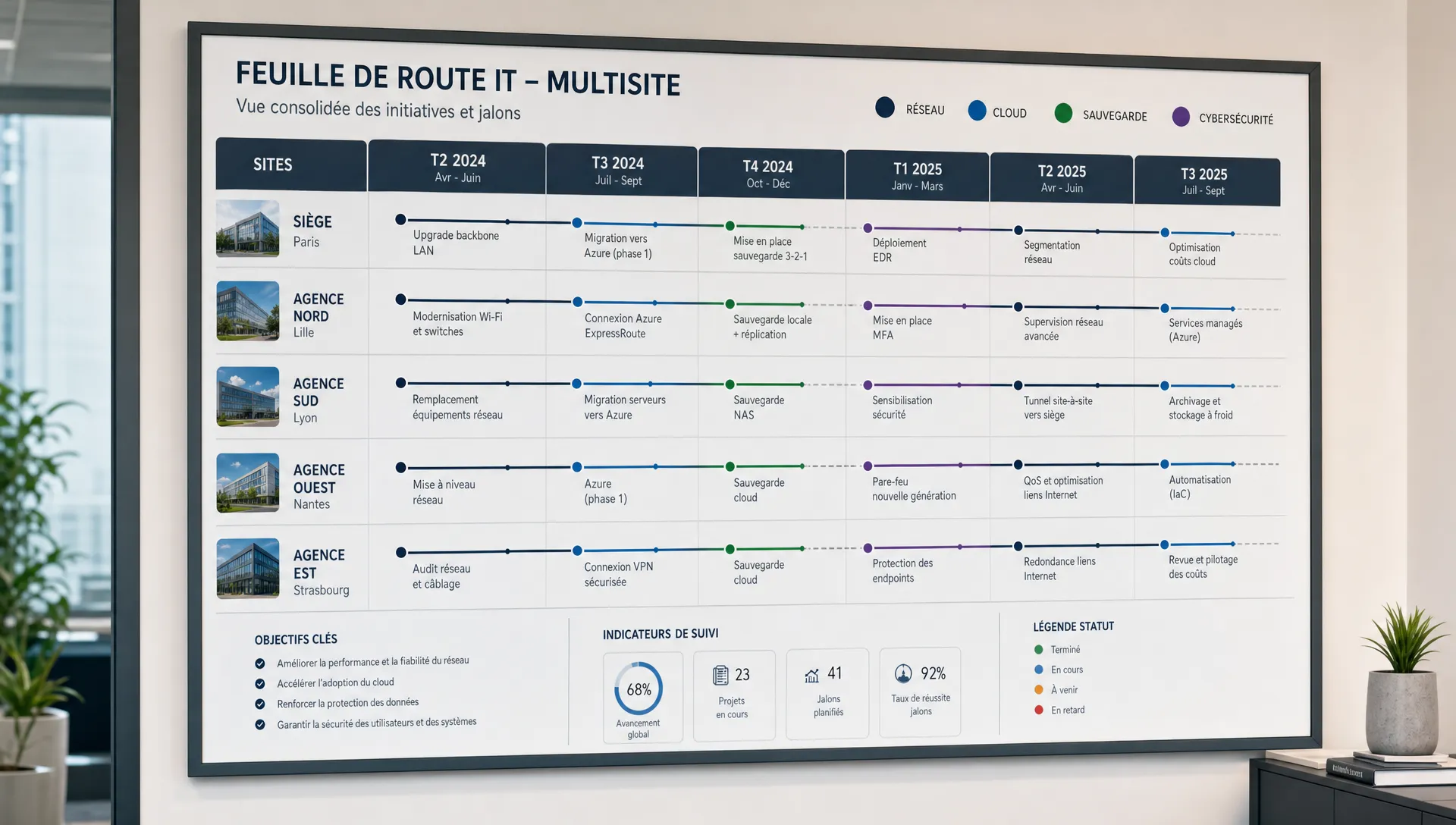 Un tableau de pilotage mural présente une feuille de route IT multisite avec plusieurs sites, des jalons réseau, cloud, sauvegarde et cybersécurité, classés par trimestre.