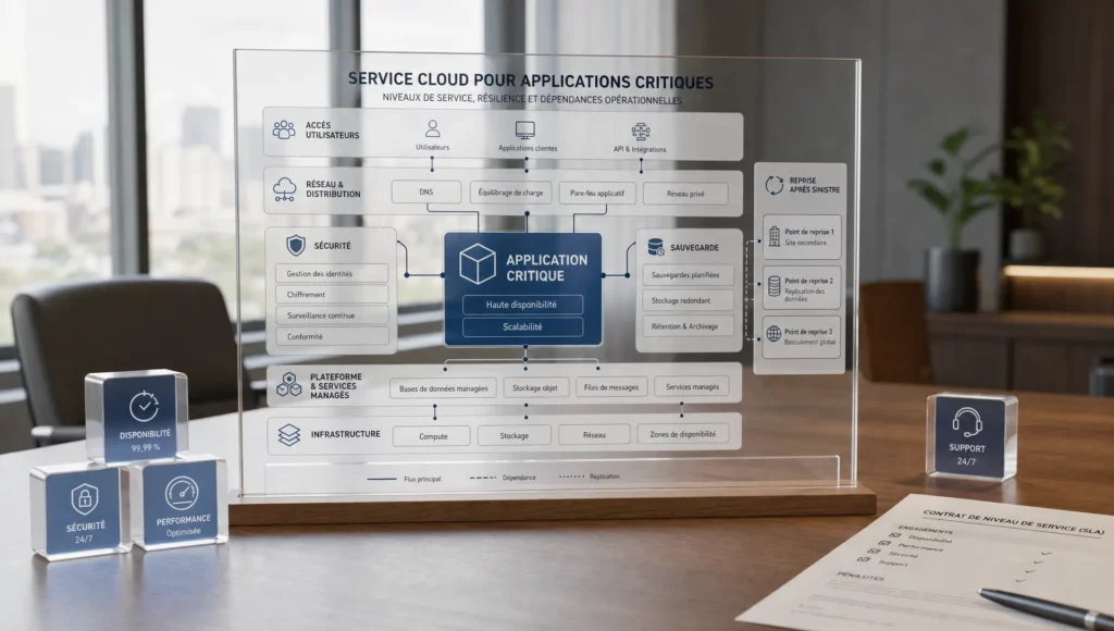 Une carte de service cloud relie application critique, sauvegarde, sécurité et reprise autour d’un contrat de niveau de service.