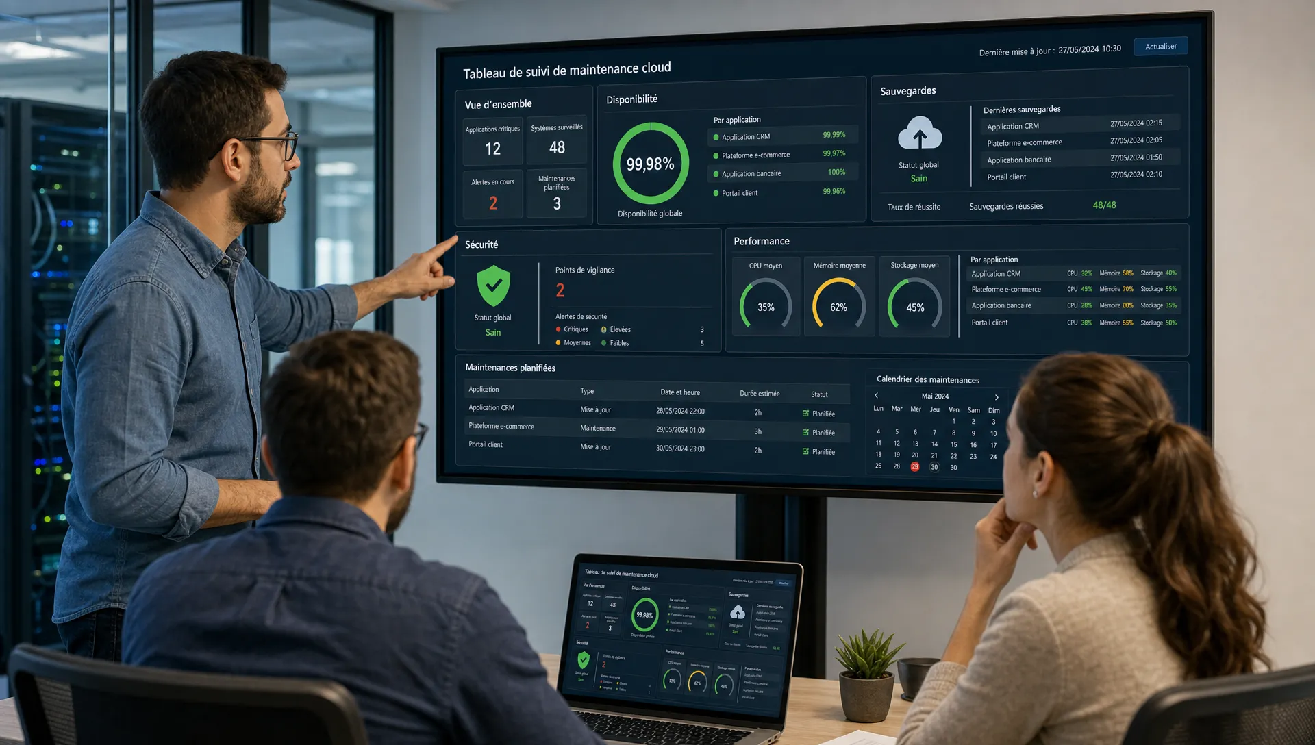Une équipe informatique consulte un tableau de suivi de maintenance cloud pour des applications critiques, avec disponibilité, sauvegarde, sécurité et performance visibles sur les écrans.
