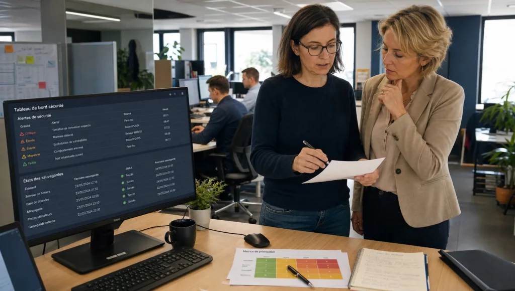 Une responsable informatique et une dirigeante de PME priorisent leurs outils de sécurité devant un écran d’alertes et de sauvegardes.