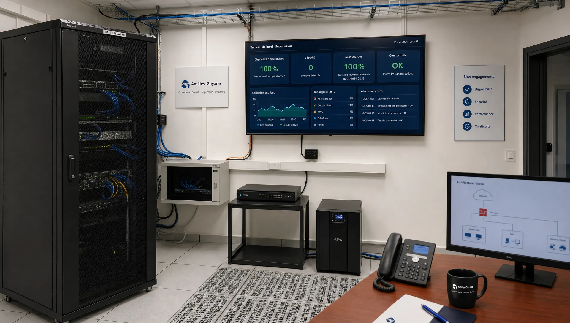 Une salle réseau d’entreprise avec baie fermée, écran de supervision, routeur et unité de sauvegarde pour piloter un cloud sécurisé.