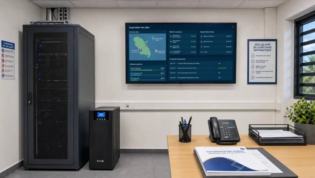 Une salle technique d’entreprise avec baie réseau, onduleur et écran de supervision évoque la gestion d’un réseau multisite virtuel.