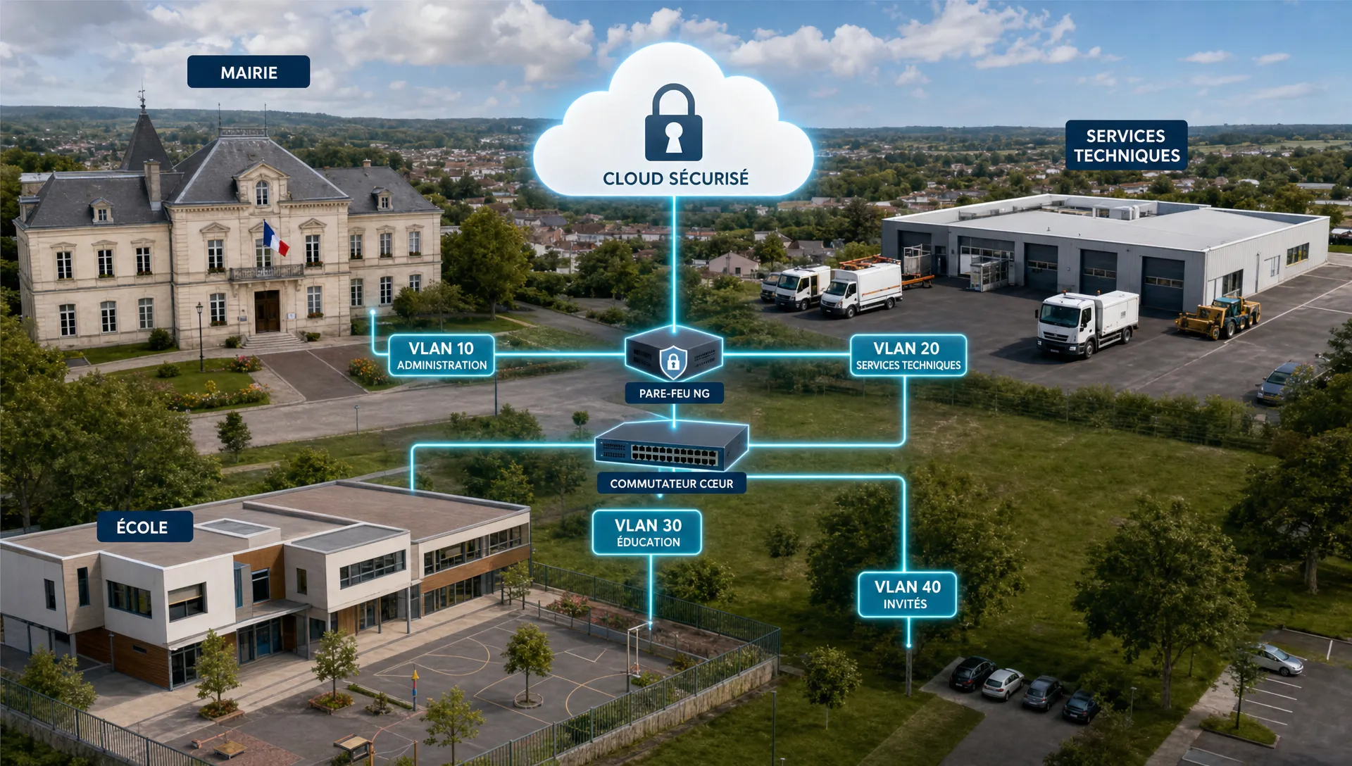 Vue d’ensemble d’une collectivité multisite avec une mairie, des services techniques, une école et un cloud sécurisé reliés par un réseau segmenté.