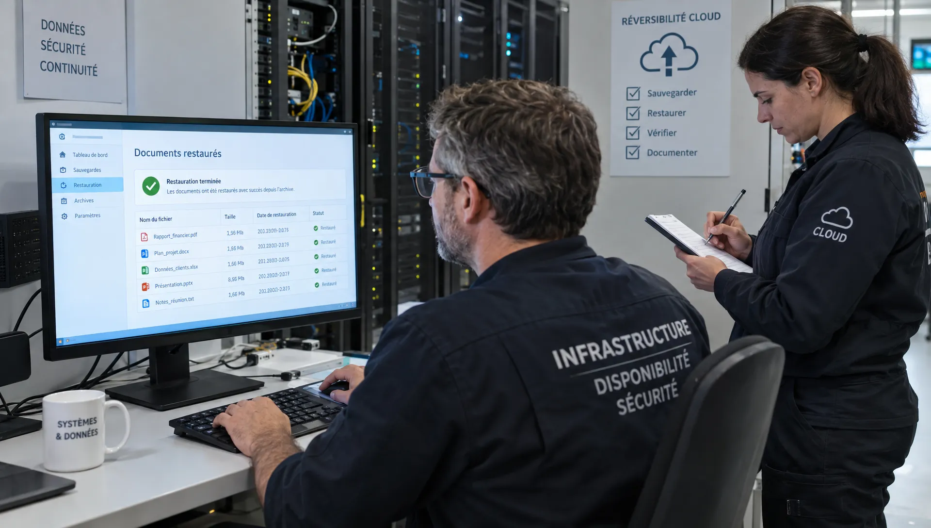 Dans une salle technique, un administrateur vérifie sur un écran les documents restaurés depuis une archive transférée vers une infrastructure distincte, tandis qu’un collègue consigne les résultats du test de réversibilité cloud.
