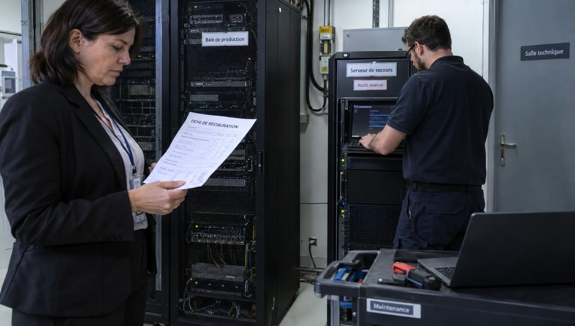 Dans une salle technique, une responsable consulte la fiche de restauration tandis qu’un technicien vérifie le serveur de secours isolé de la baie de production.