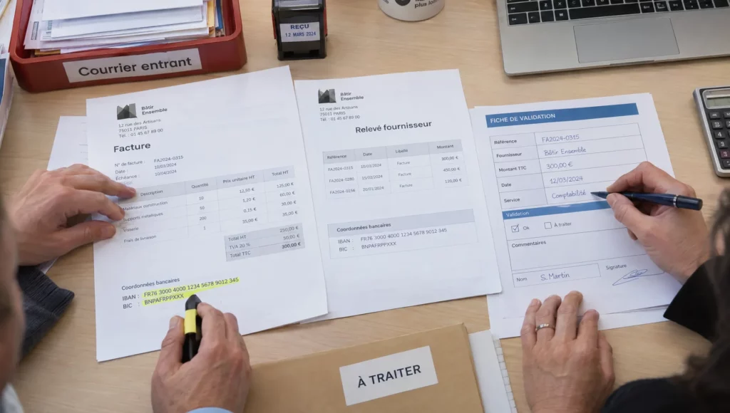 Deux collègues comparent une facture au dossier fournisseur et consignent la vérification des coordonnées bancaires.