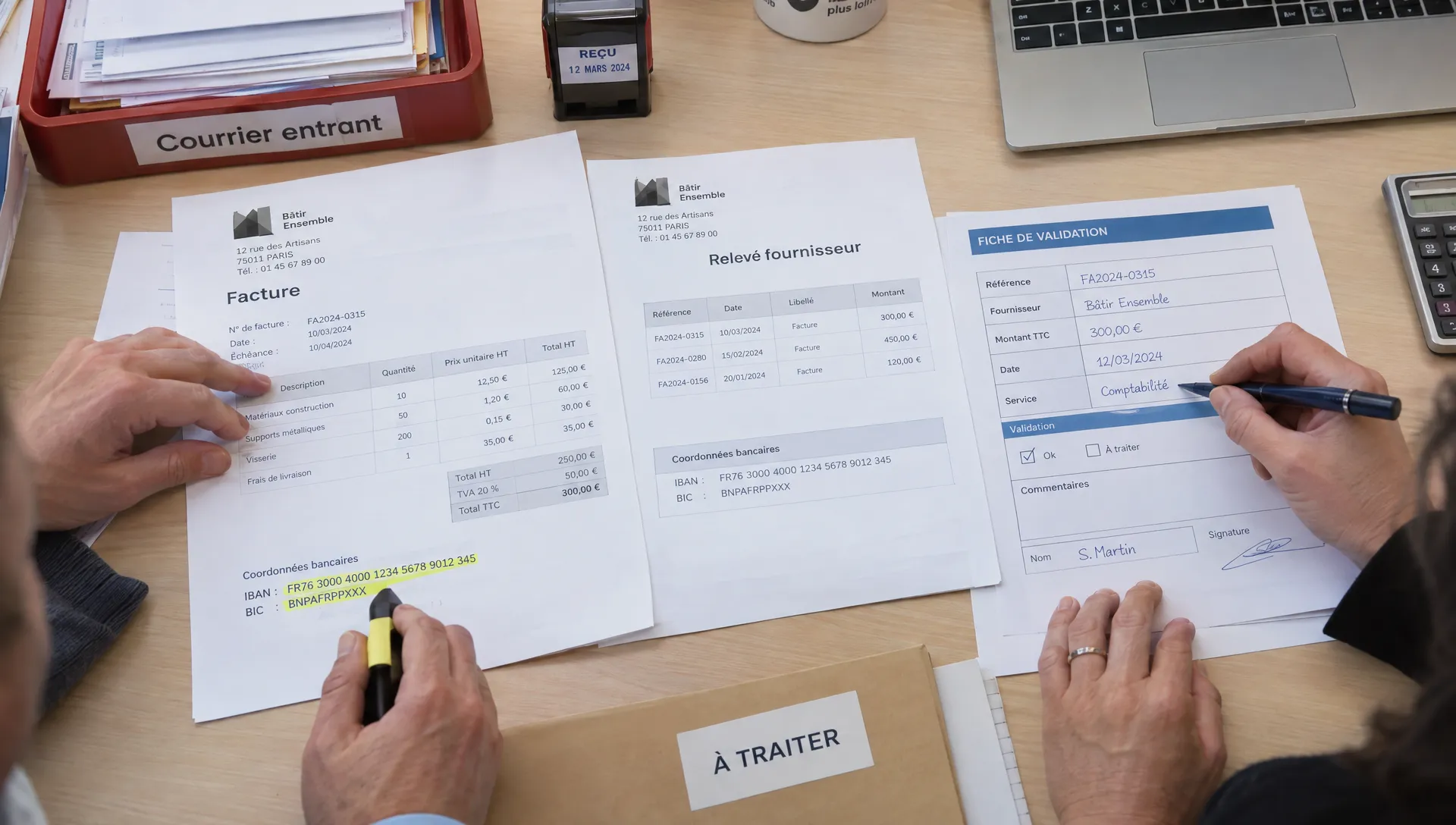 Deux collègues comparent une facture au dossier fournisseur et consignent la vérification des coordonnées bancaires.