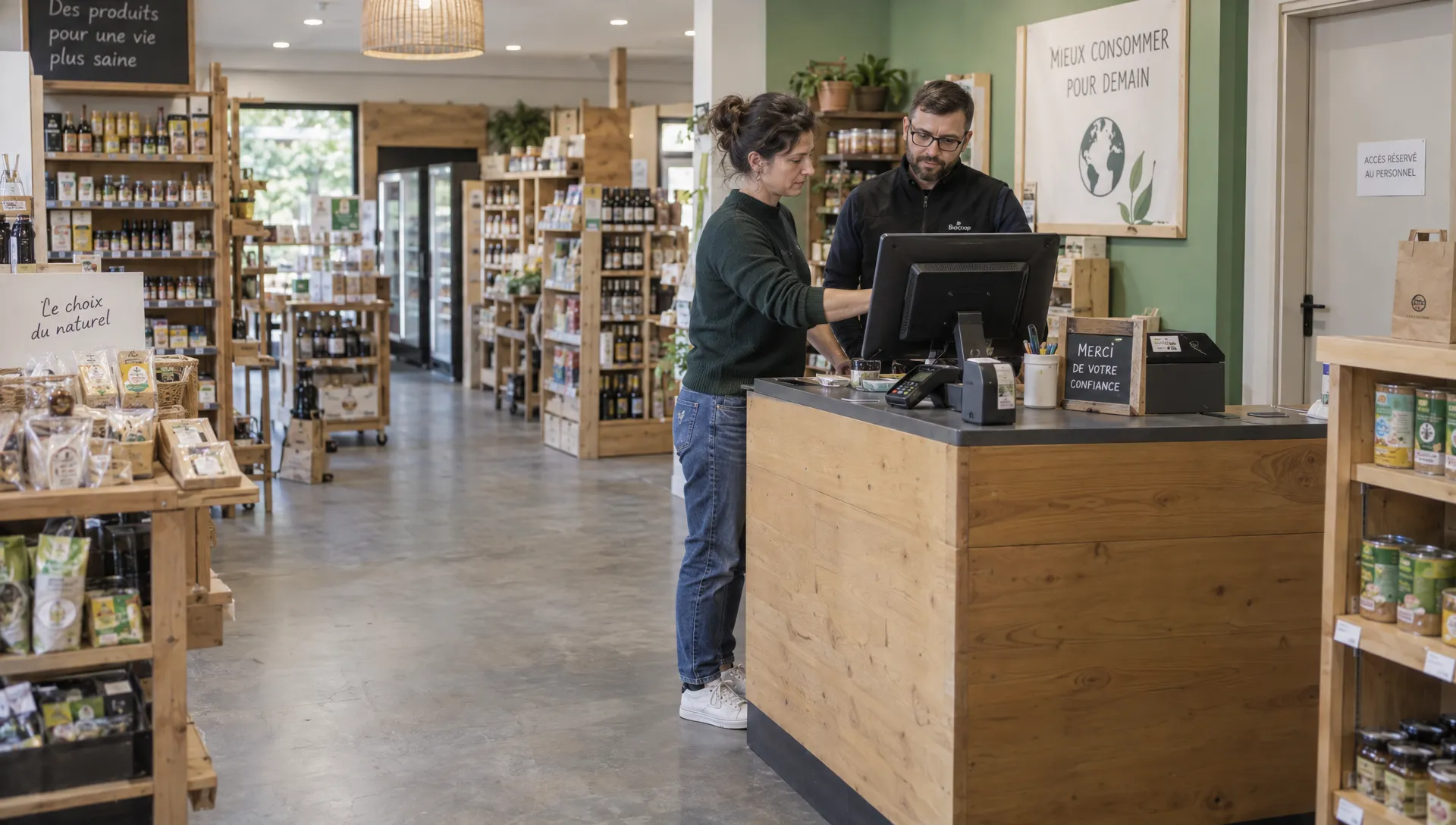 Deux collègues vérifient le logiciel de gestion au comptoir pendant la transition vers une nouvelle infogérance.
