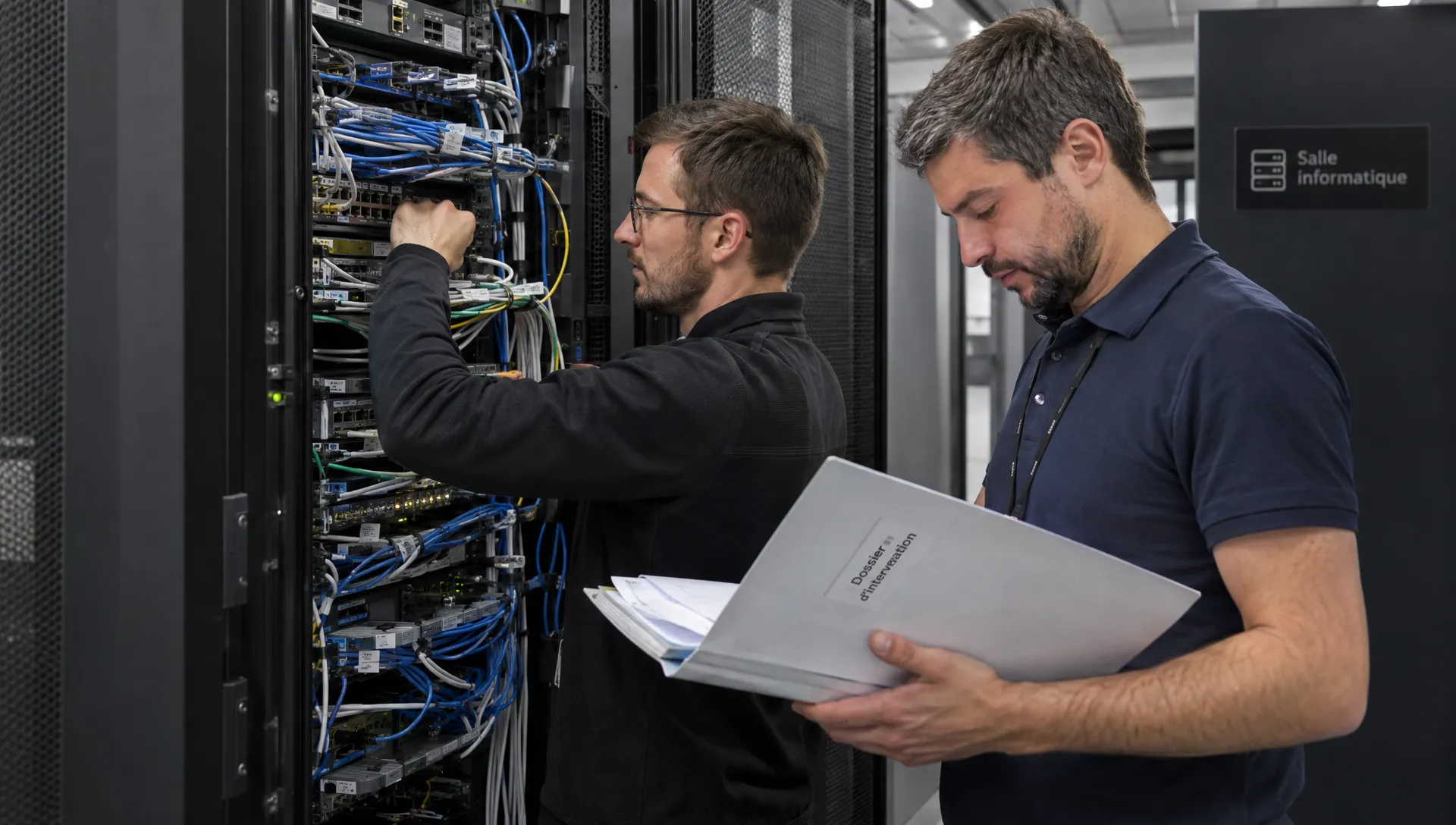 Deux techniciens coordonnent le rétablissement d’un service devant une baie de serveurs, l’un vérifiant les connexions réseau et l’autre consultant le dossier d’intervention.