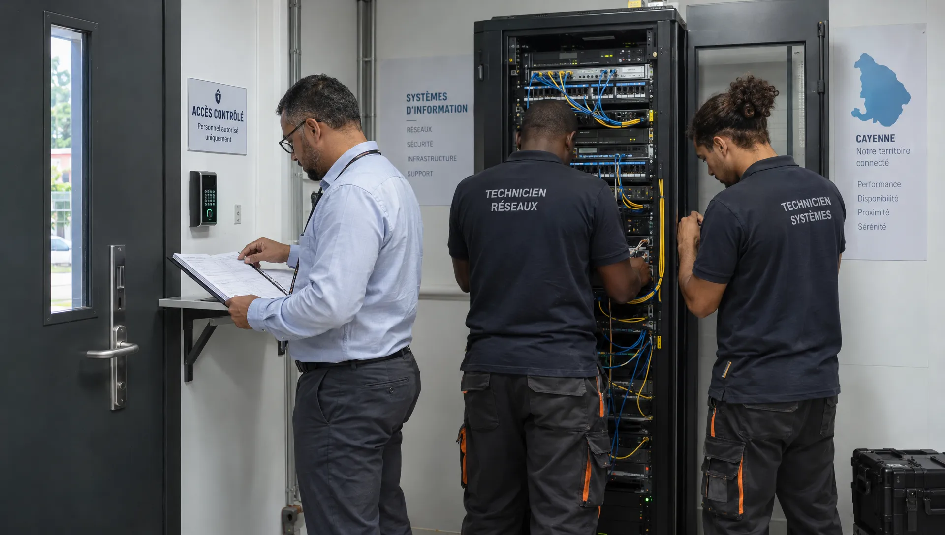 Deux techniciens interviennent sur une baie réseau en Guyane sous la supervision du responsable informatique, qui vérifie le registre d’accès.