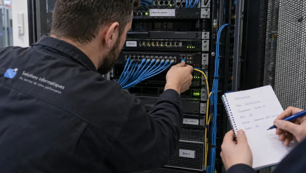 Les mains d’un technicien connectent un câble à une baie ouverte pendant une intervention de rétablissement informatique.