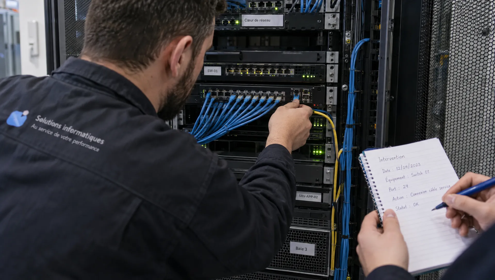 Les mains d’un technicien connectent un câble à une baie ouverte pendant une intervention de rétablissement informatique.