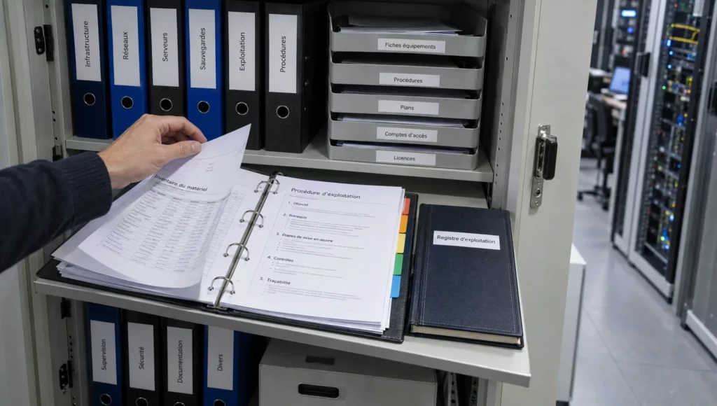 Un classeur d’exploitation ouvert présente des fiches d’inventaire et des procédures conservées dans un local informatique d’entreprise.