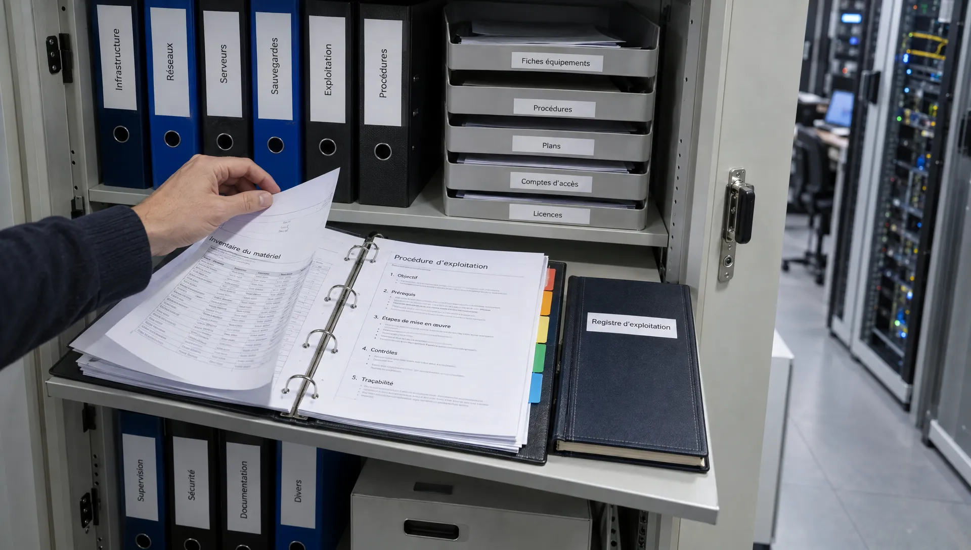 Un classeur d’exploitation ouvert présente des fiches d’inventaire et des procédures conservées dans un local informatique d’entreprise.