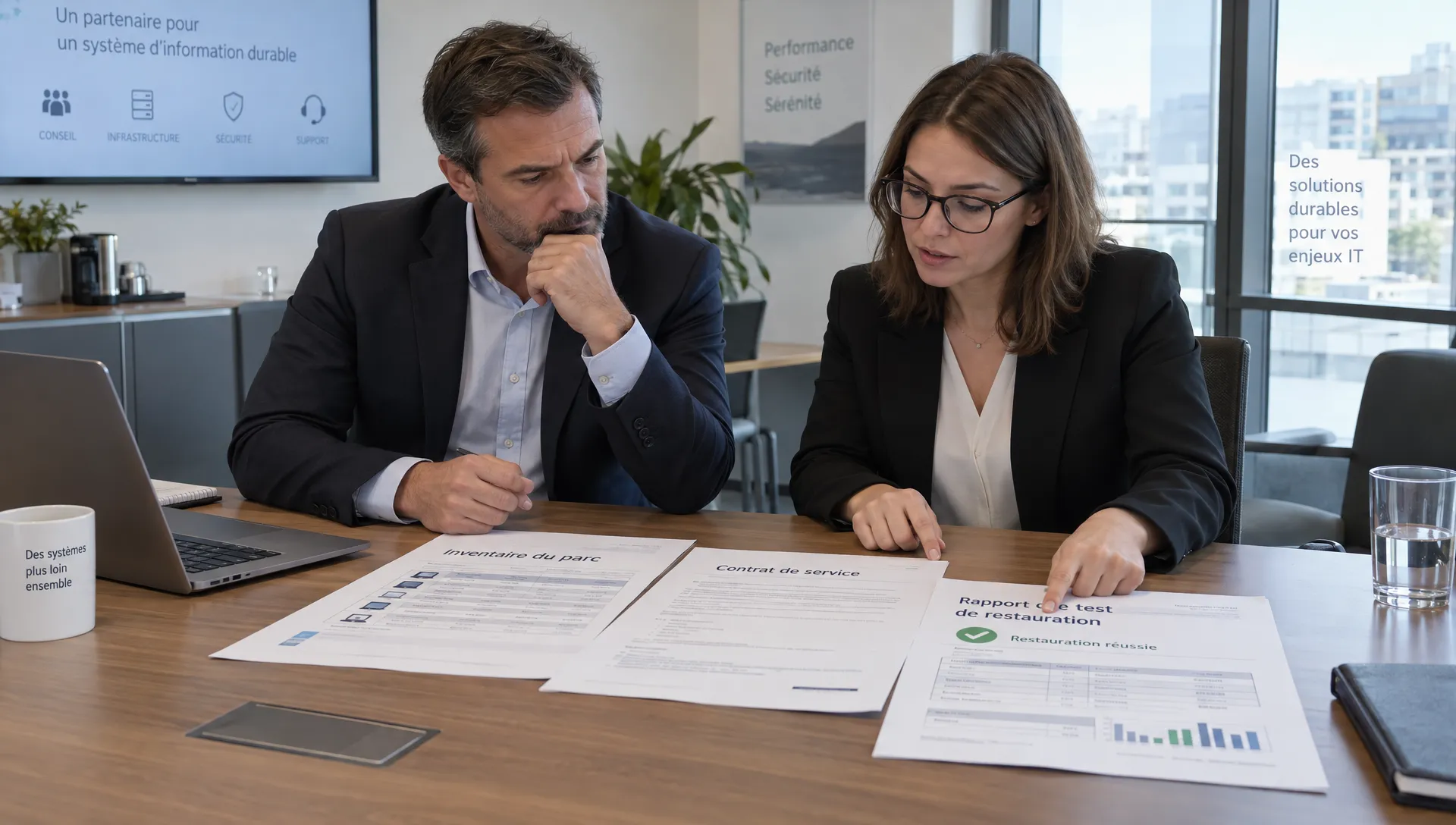 Un dirigeant et une responsable informatique examinent l’inventaire du parc, le contrat de service et le rapport de restauration de leur prestataire.