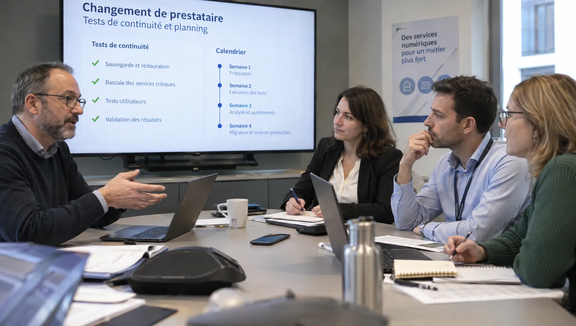 Un responsable informatique et des représentants métiers valident à une table les tests de continuité et le calendrier du changement de prestataire.