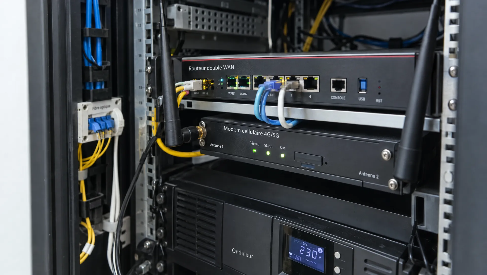 Un routeur double WAN et un modem cellulaire raccordés dans une armoire réseau montrent les équipements d’accès de secours au cloud.