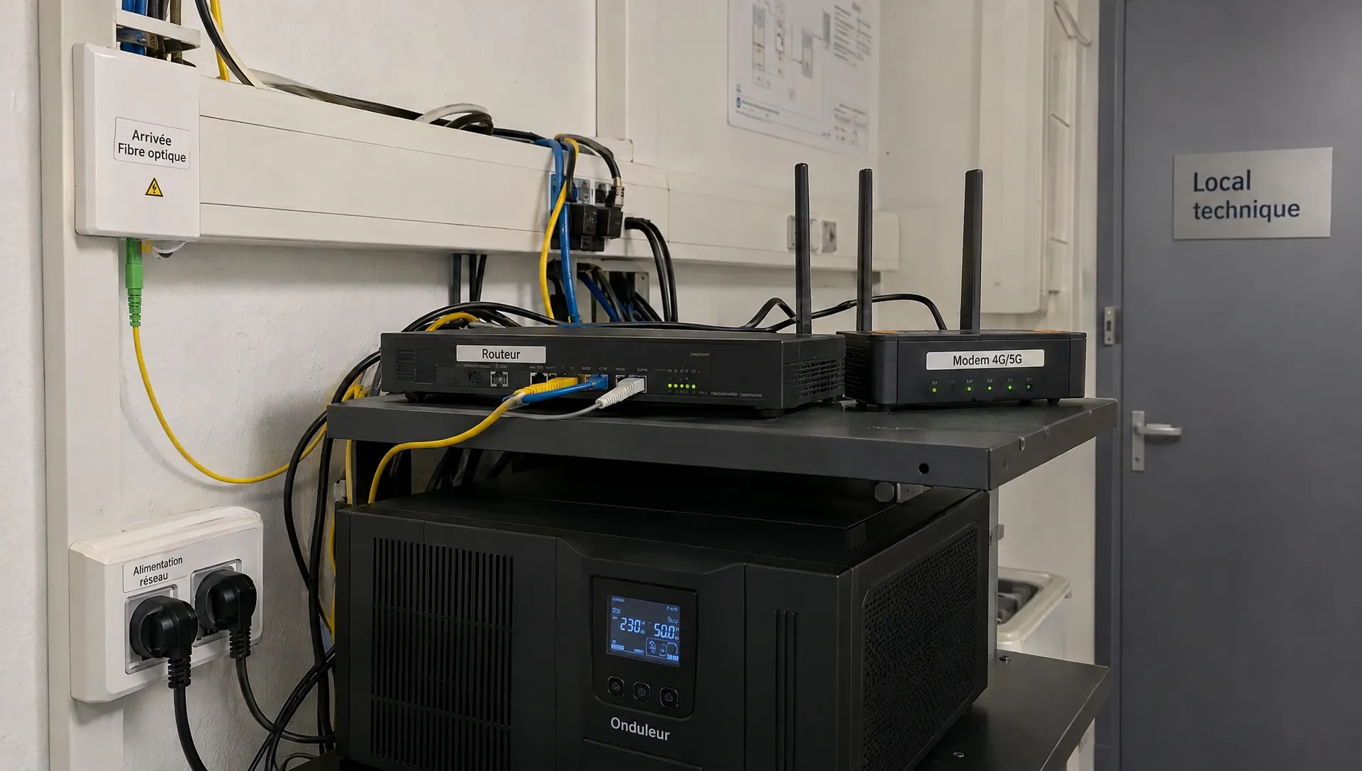 Un routeur relié à la fibre et à un modem mobile avec antennes, posé au-dessus d’un onduleur, équipe un accès de secours au service en nuage.