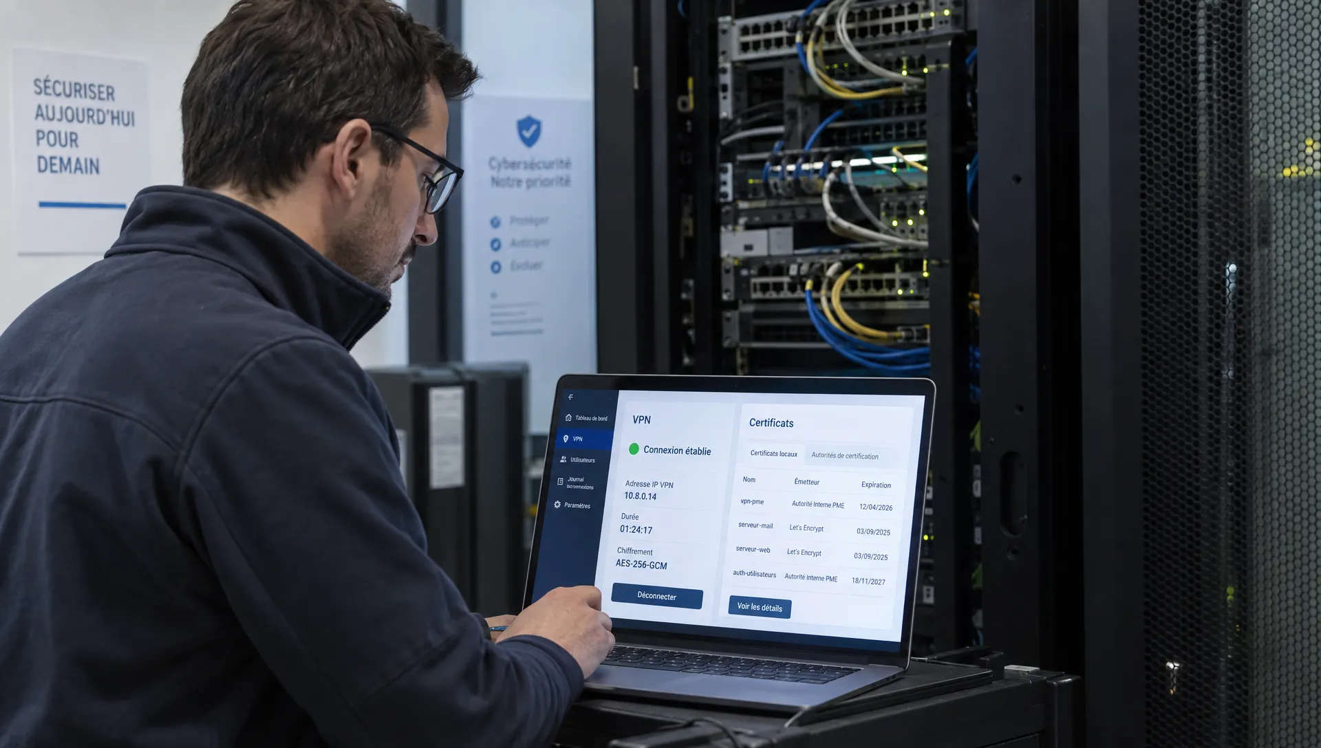 Un technicien examine les connexions d’un VPN et les certificats d’une PME devant une baie de serveurs, pendant un test de préparation aux évolutions cryptographiques.