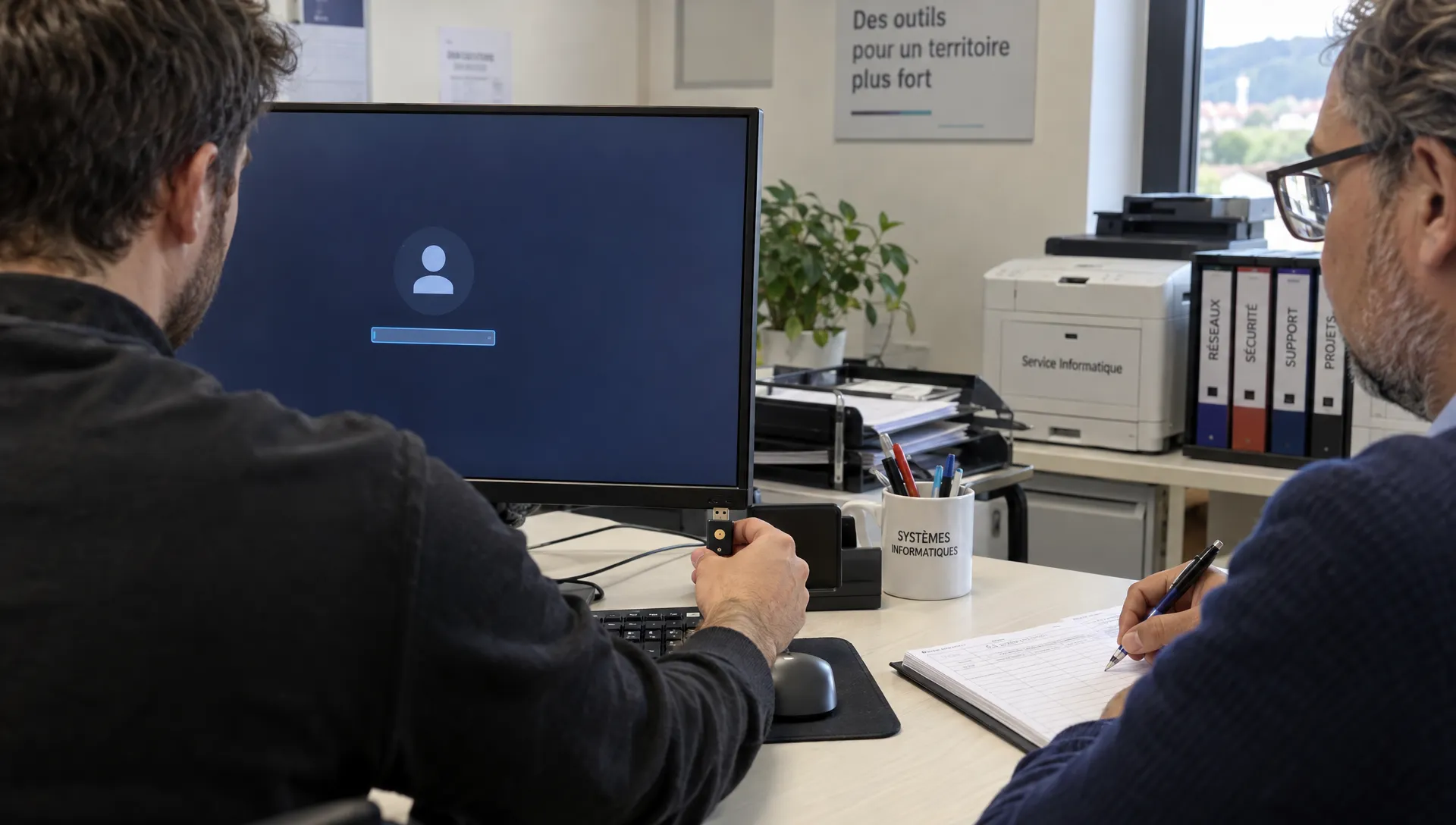 Un technicien utilise une clé de sécurité pour activer un accès d’administration, sous le contrôle du responsable informatique.