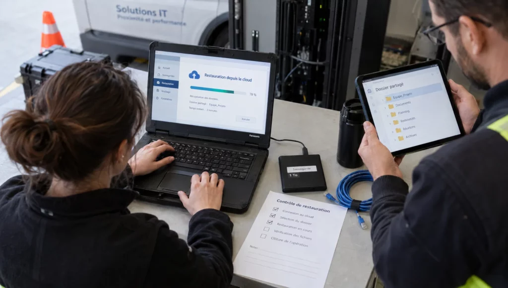 Une administratrice restaure un dossier partagé depuis une console, tandis qu’un collègue vérifie les fichiers récupérés.