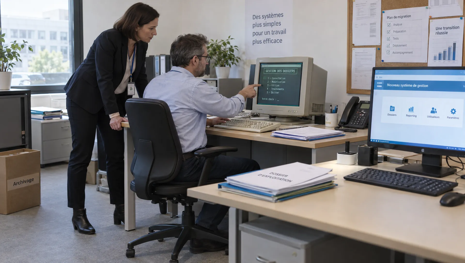 Une responsable informatique et un responsable métier examinent un ancien poste avant la migration vers un système maintenu.